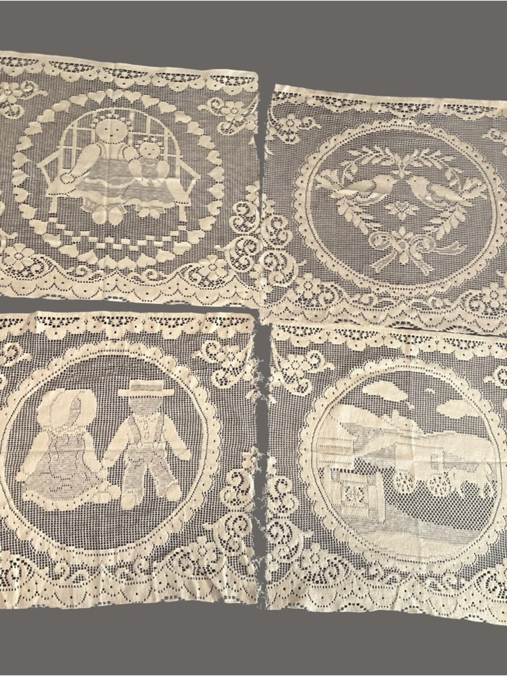 Charming Vintage Filet Lace Panels - Set of 4 Amish/Dutch Country Scenes